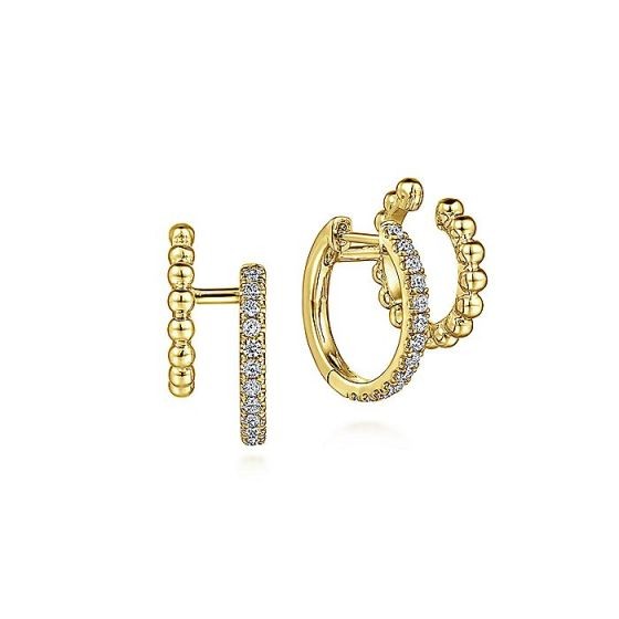 14K Yellow Gold Diamond Double Hoop Huggies