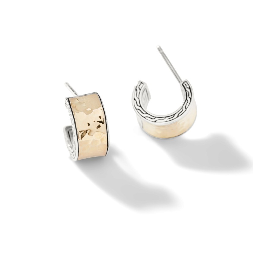 Silver and 18k Yellow Hammered Half Hoop Earrings