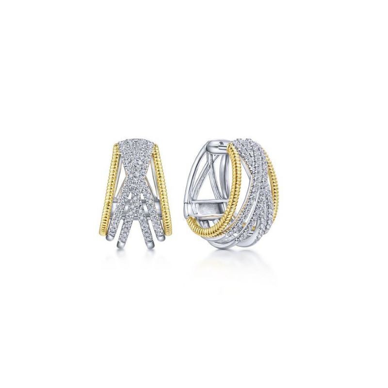 14k Two Tone 4 Row Crossover Huggie Earrings