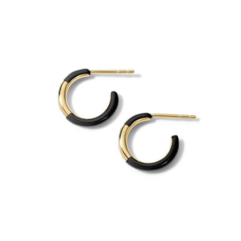 18k Yellow Gold Black Ceramic Diamond Huggie Earrings