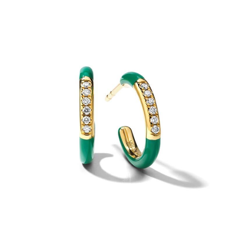 18k Yellow Gold Green Ceramic Diamond Huggie Earrings
