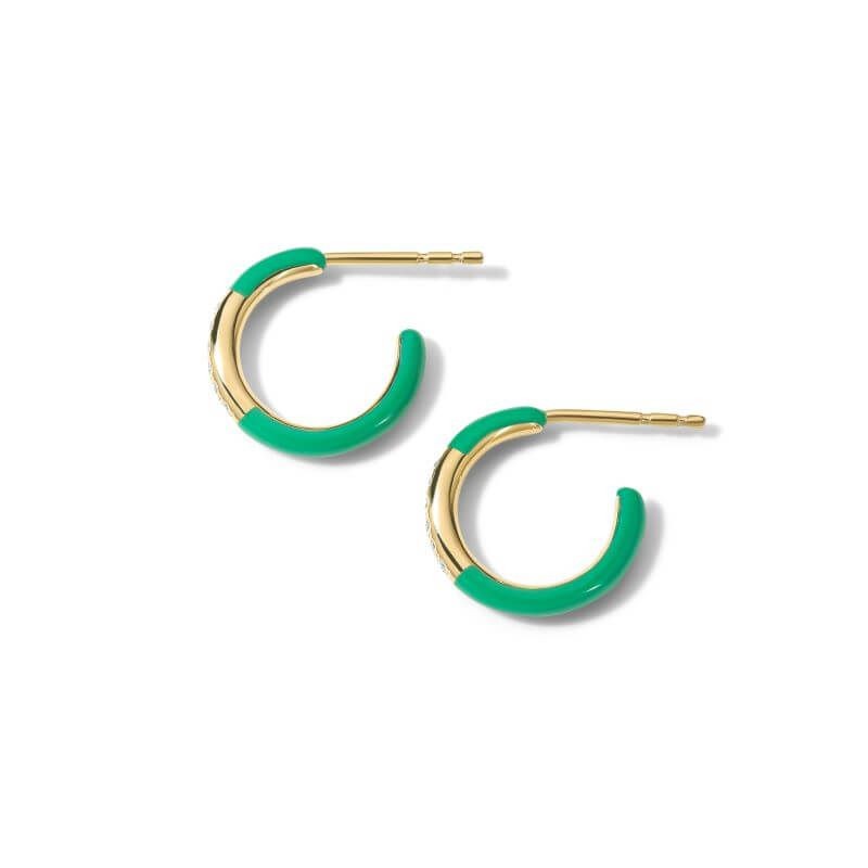 18k Yellow Gold Green Ceramic Diamond Huggie Earrings