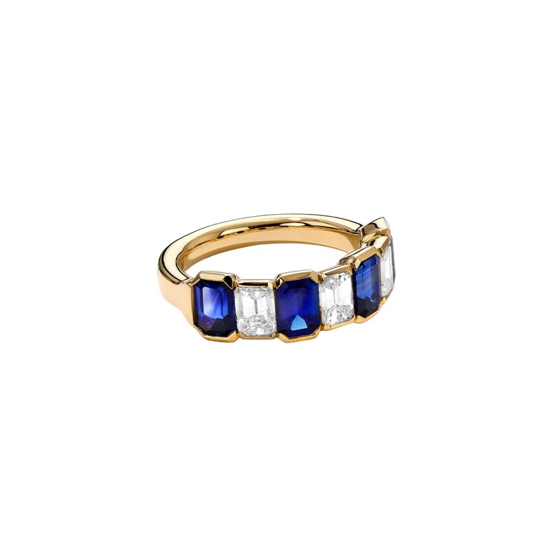 18K Yellow Gold Sculpted Emerald Cut Sapphire and Diamond Alternating Ring