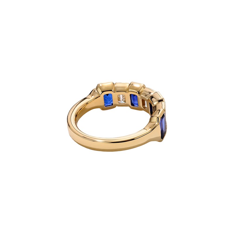 18K Yellow Gold Sculpted Emerald Cut Sapphire and Diamond Alternating Ring