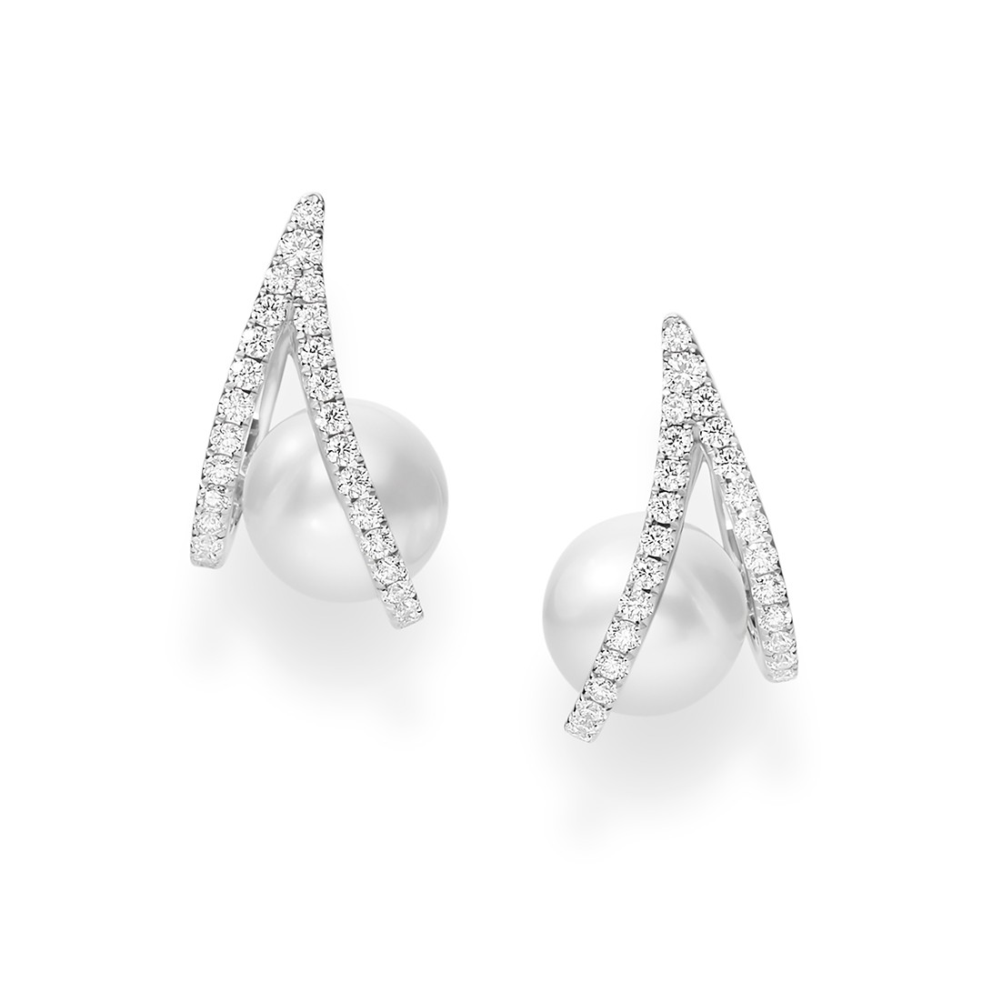18K White Gold Diamond and White South Sea Cultured Pearl Earrings
