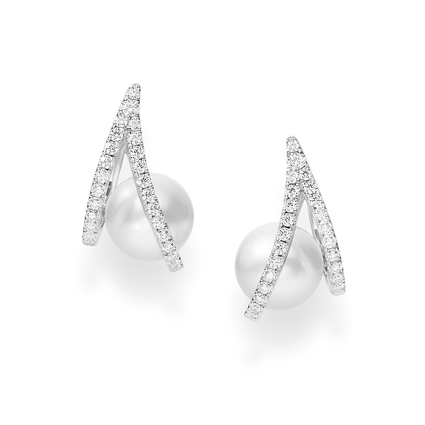 18K White Gold Diamond and White South Sea Cultured Pearl Earrings