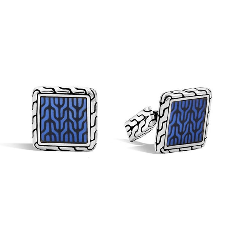 Sterling Silver Classic Chain Blue Enamel Cufflink