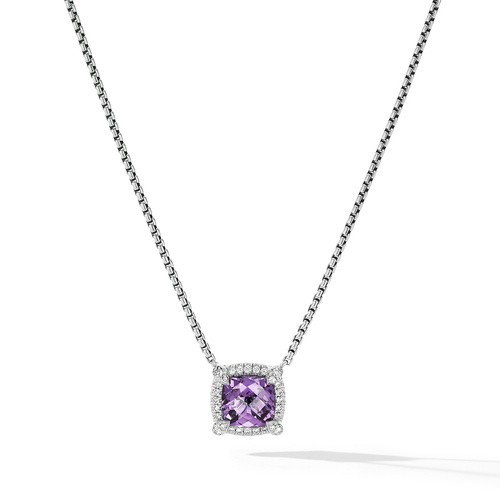 Petite Chatelaine® Pavé Bezel Pendant Necklace in Sterling Silver with Amethyst and Diamonds
