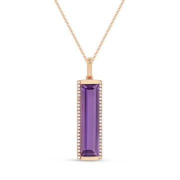 14k Rose Gold Amethyst Diamond Frame Vertical Bar Necklace