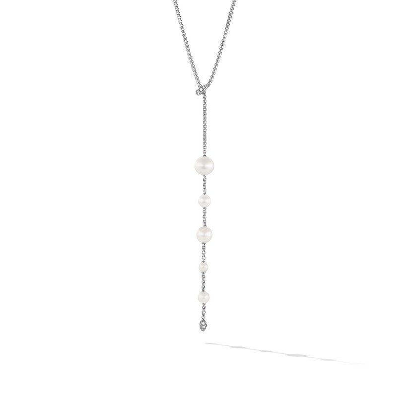 Pearl and Pavé Y Necklace in Sterling Silver with Diamonds