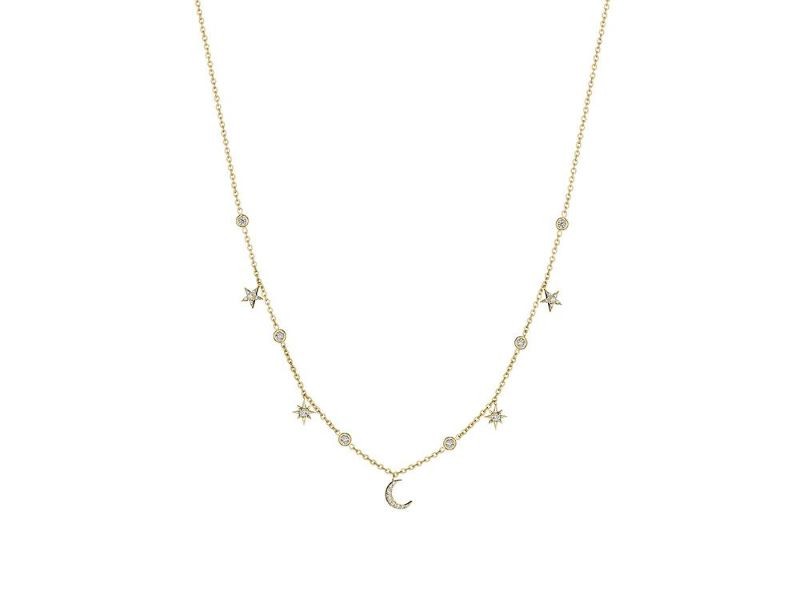 18k Yellow Gold Hanging Moon and Star Necklace