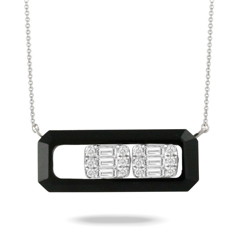 18k White Gold Rectangle Diamond Onyx Slide Necklace
