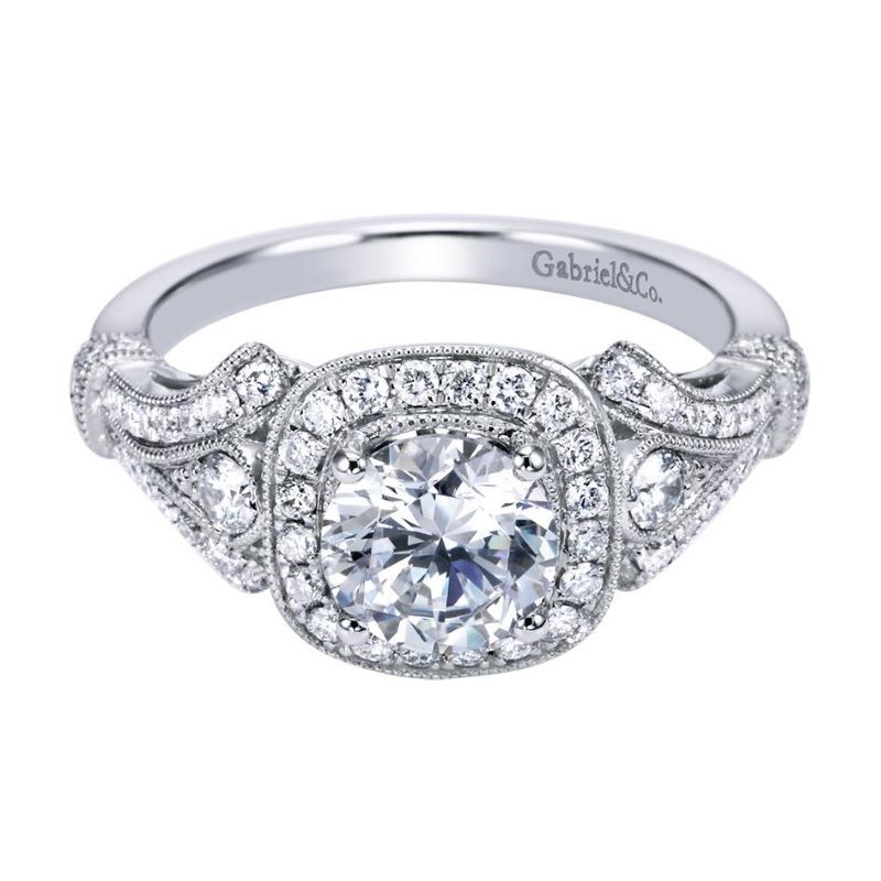 14k White Gold Halo Engagement Ring Mounting