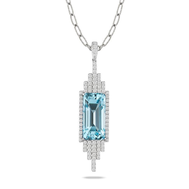 18k White Gold Rectangle Topaz Diamond Column Necklace