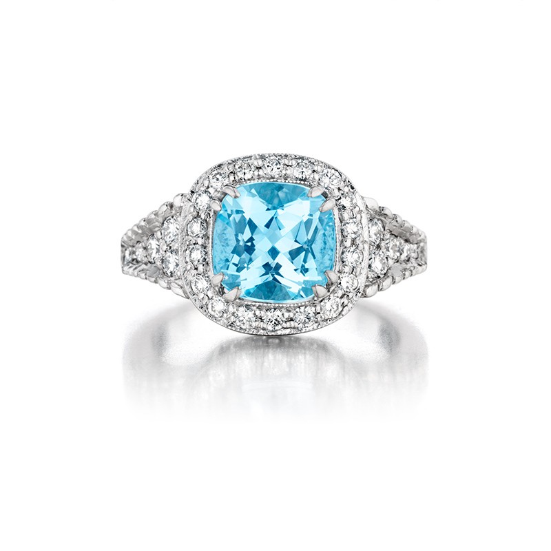 18K White Gold Diamond & Aquamarine Ring 