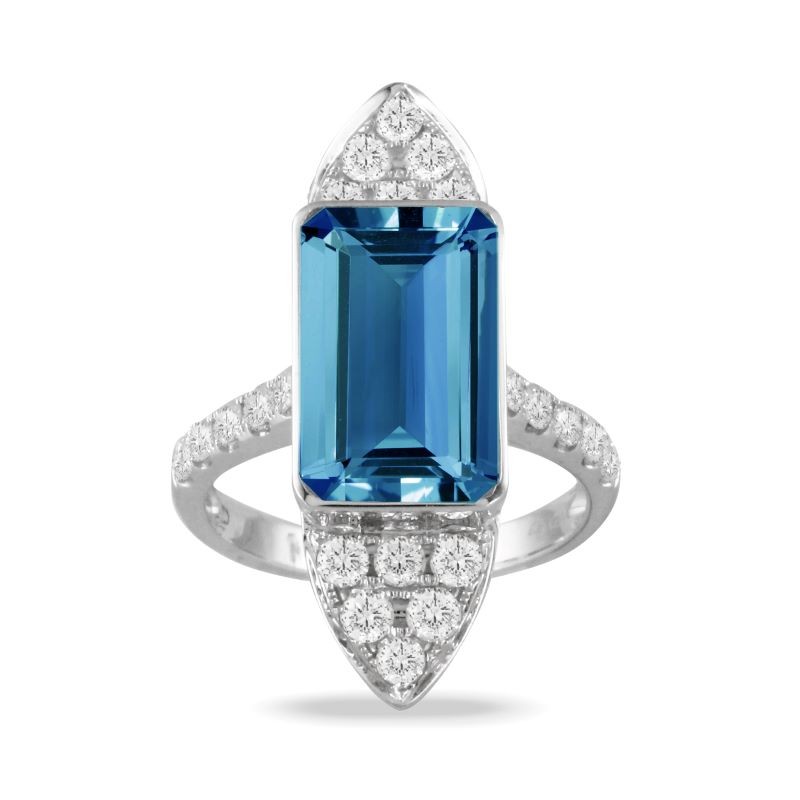 18k White Gold Long Rectangle Topaz Diamond Ring