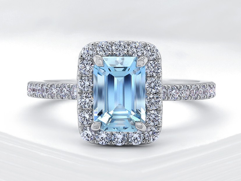 18k White Gold Aqua Pave Diamond Shoulder Ring