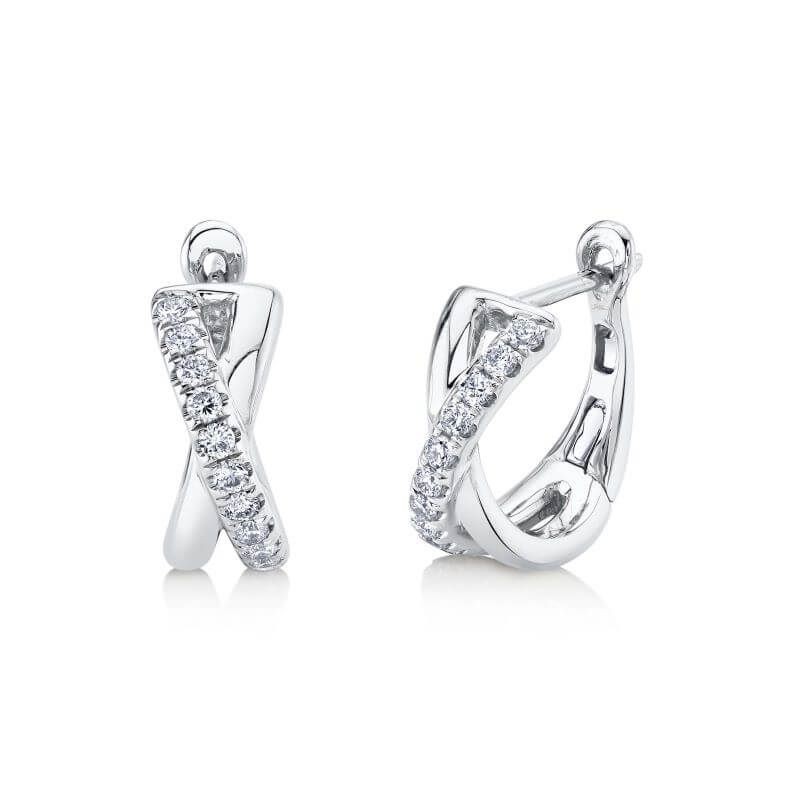 14k White Gold Diamond Criss Cross Huggie Earrings