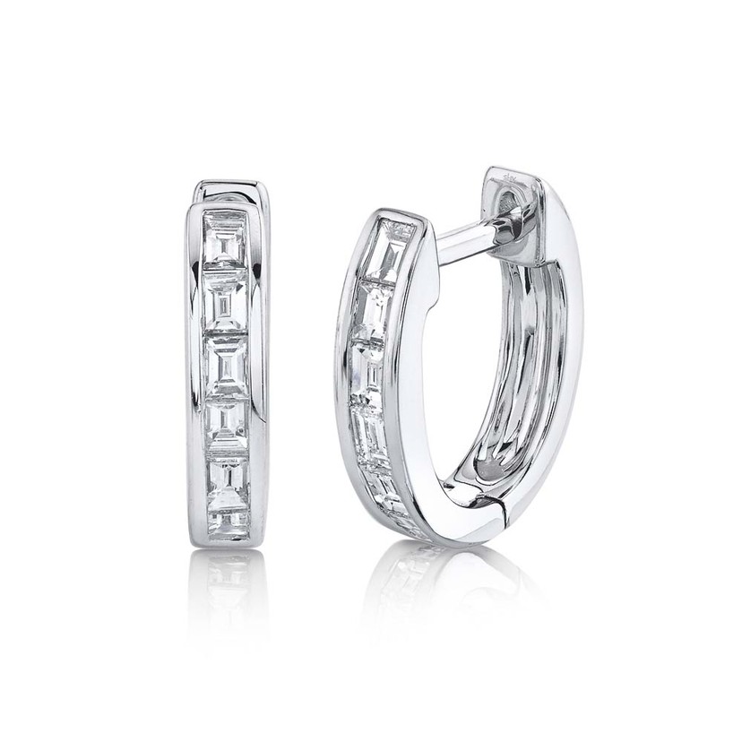 14k White Gold Diamond Oval Huggie Earrings