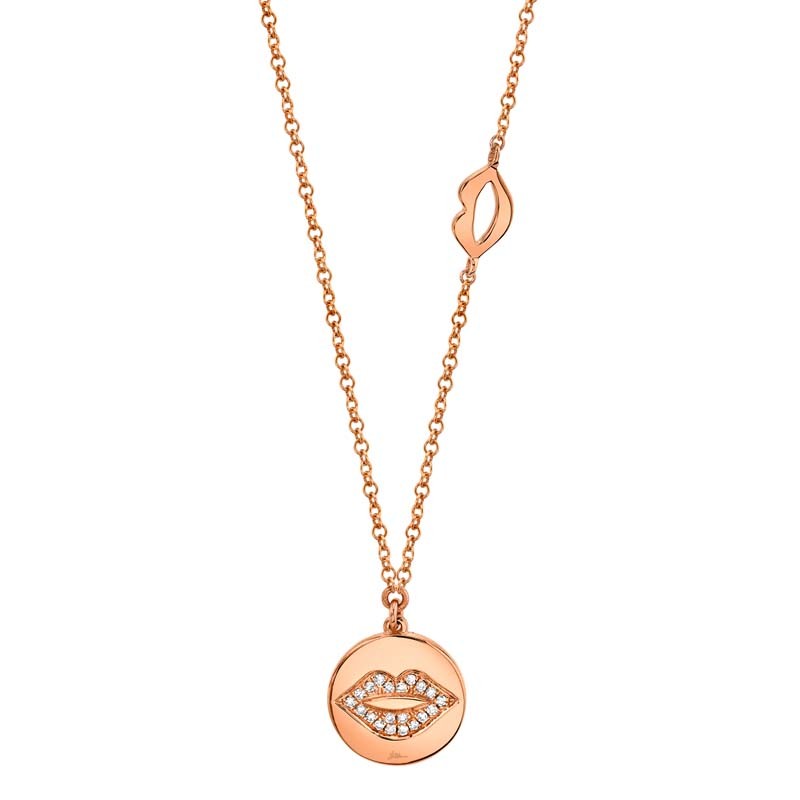 14k Rose Gold Pave Diamond Lips Disc Necklace