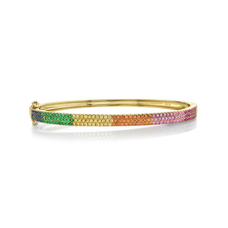 14k Yellow Gold 3 Row Multi Color Bangle Bracelet