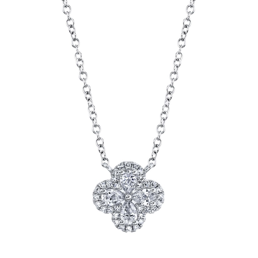 14k White Gold Diamond Clover Necklace