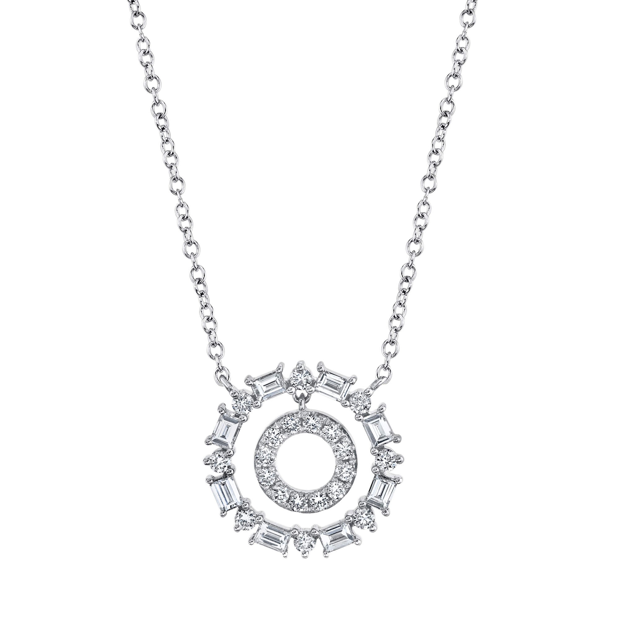 14k White Gold Small Double Circle Diamond Necklace