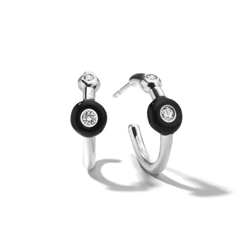 Silver Carnevale Black Ceramic Diamond Hoop Earrings