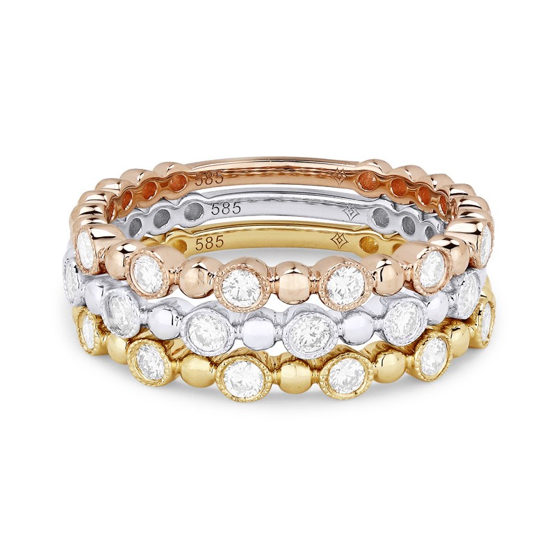 14k Set of 3 Diamond Beaded Stack Rings