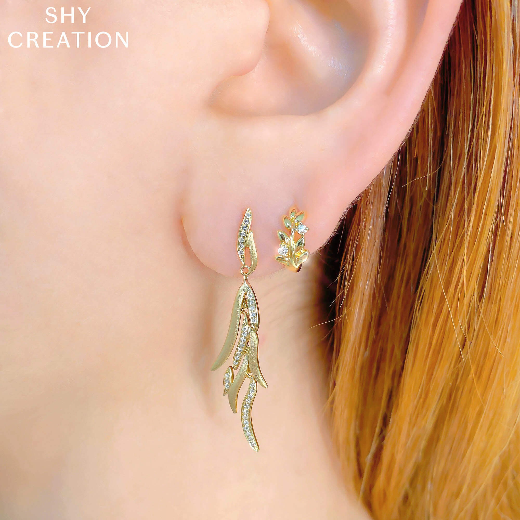 14k Yellow Gold Diamond Tree Branch Huggie Earrings