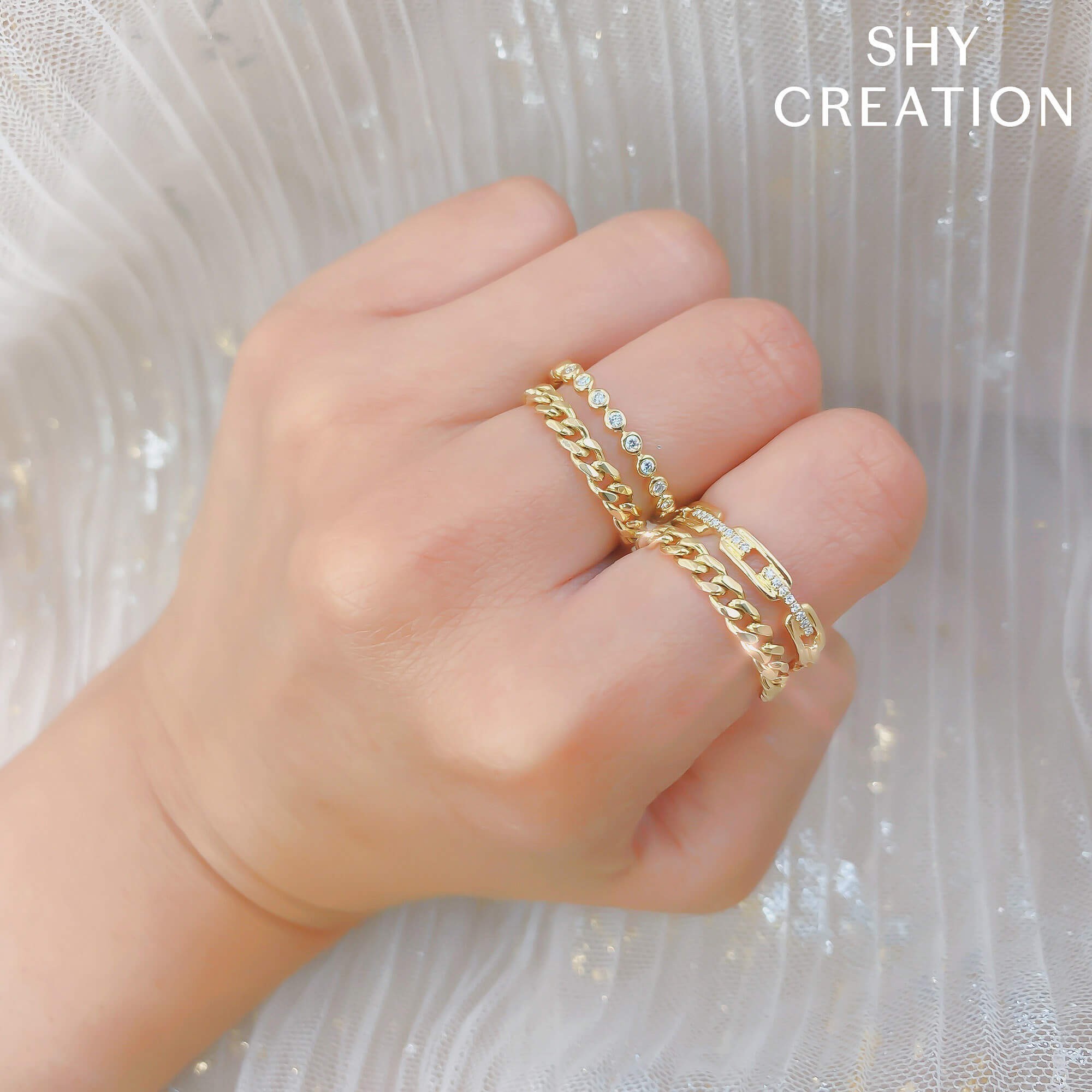 14k Yellow Gold 2 Row Diamond Chain Link Ring