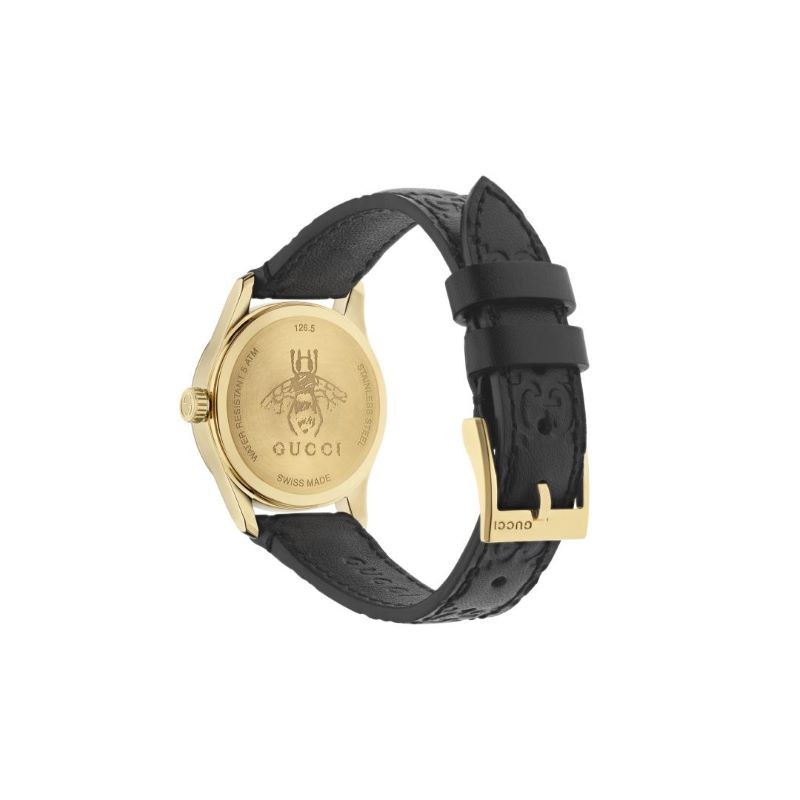 G Timeless Black Dial Black Leather Ladies Watch