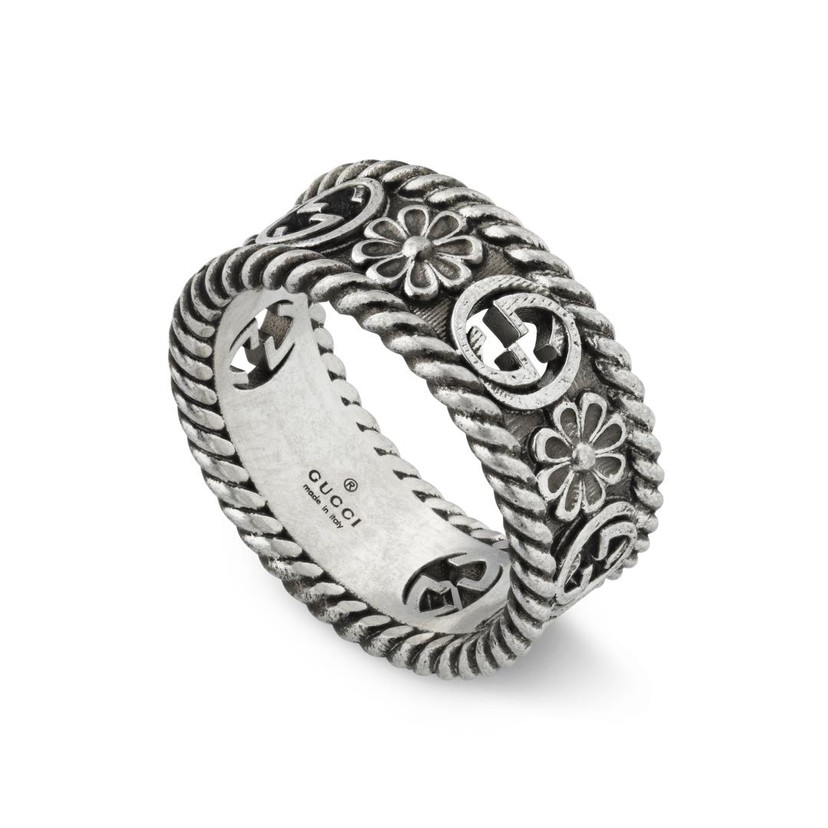 Aged Silver Interlocking G Flower Ring