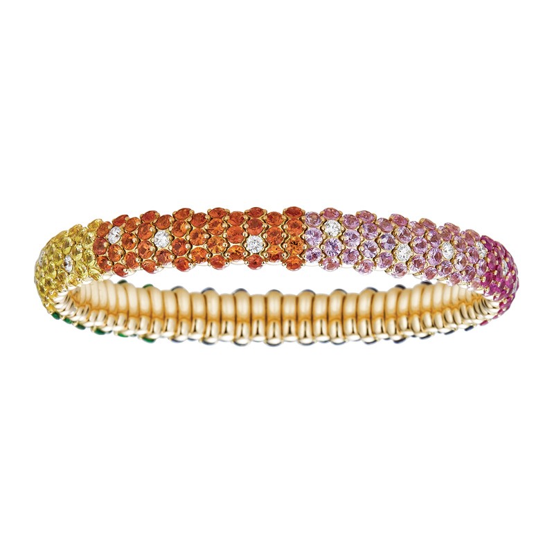 18k Yellow Gold Multi Rainbow Color Block Stretch Bracelet