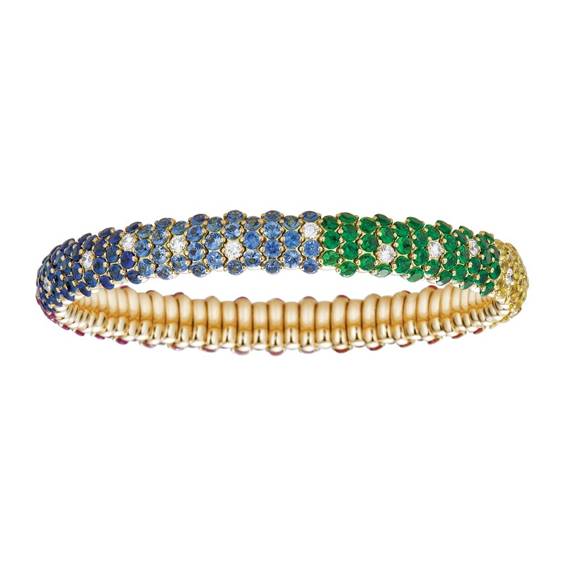 18k Yellow Gold Multi Rainbow Color Block Stretch Bracelet