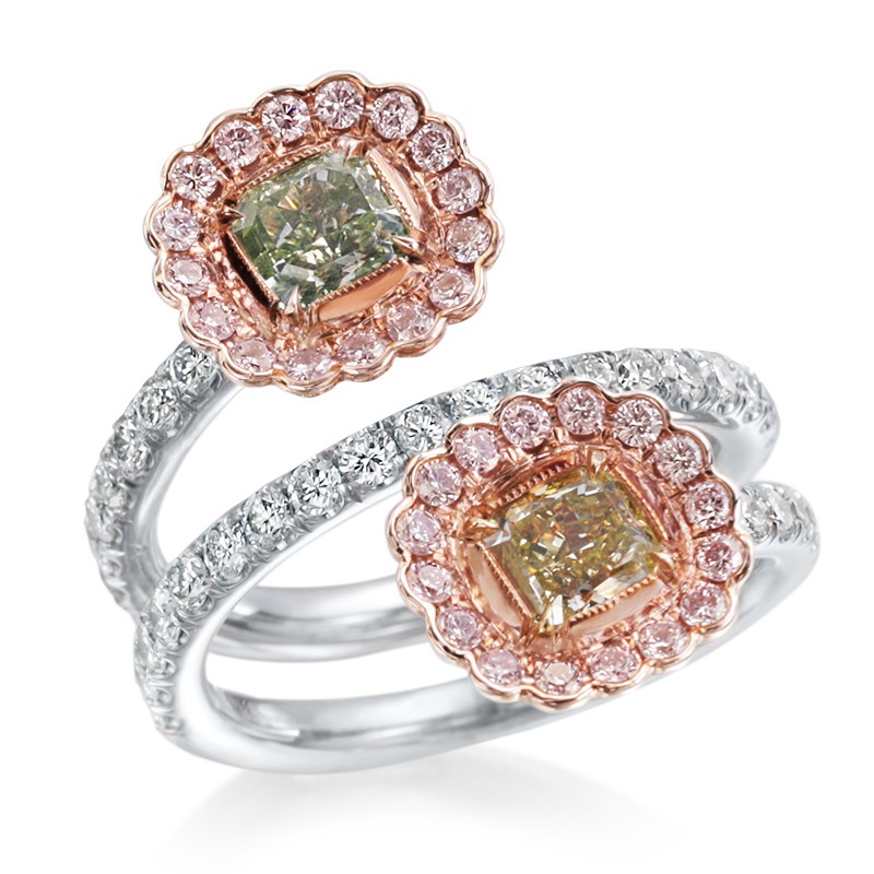 Green Yellow and Pink Diamond Bypass Ring