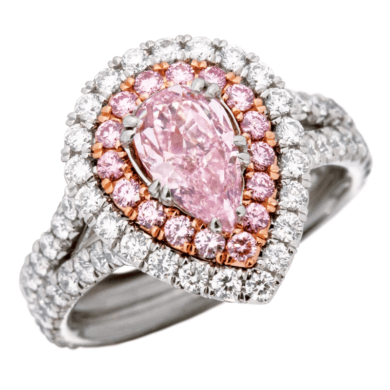 Platinum and Rose Gold Double Frame Pear Shaped Pink Diamond Ring