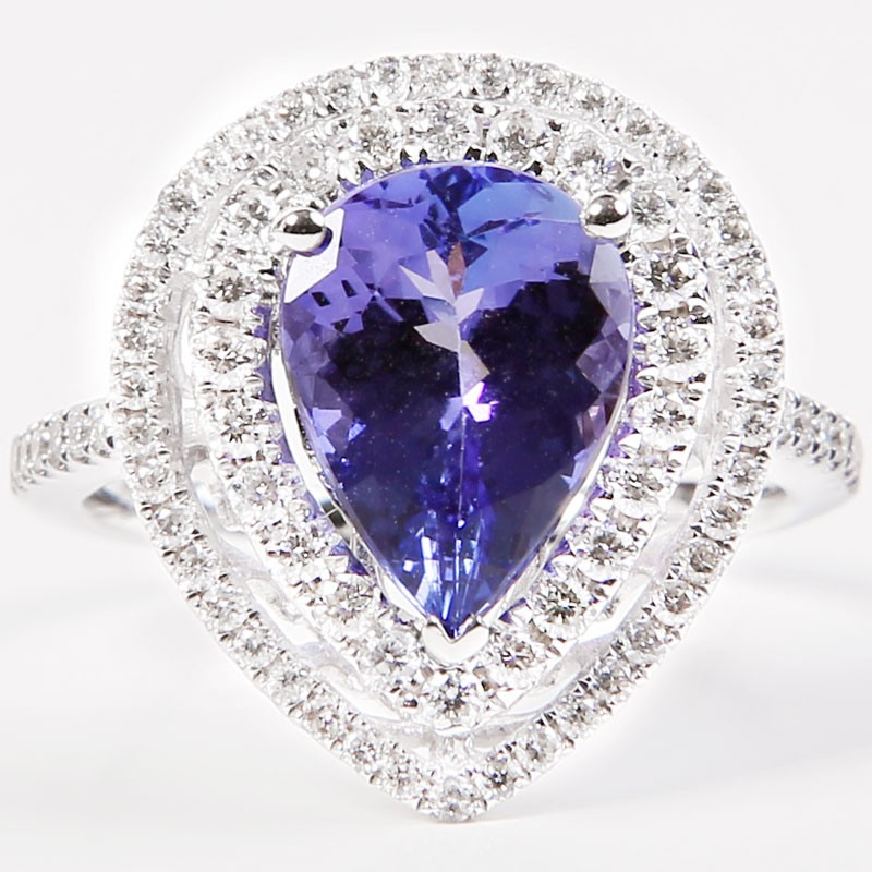 Ring with Pear Shaped Tanzanite and Double Diamond Frame