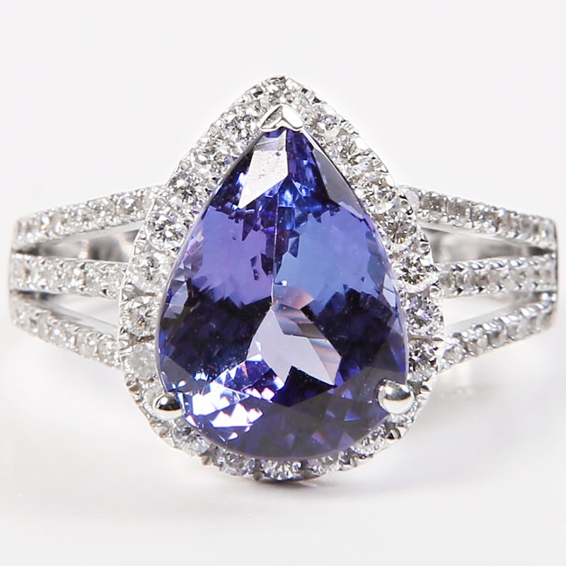 Pear Shaped Tanzanite Ring with Split 3-Row Shoulder