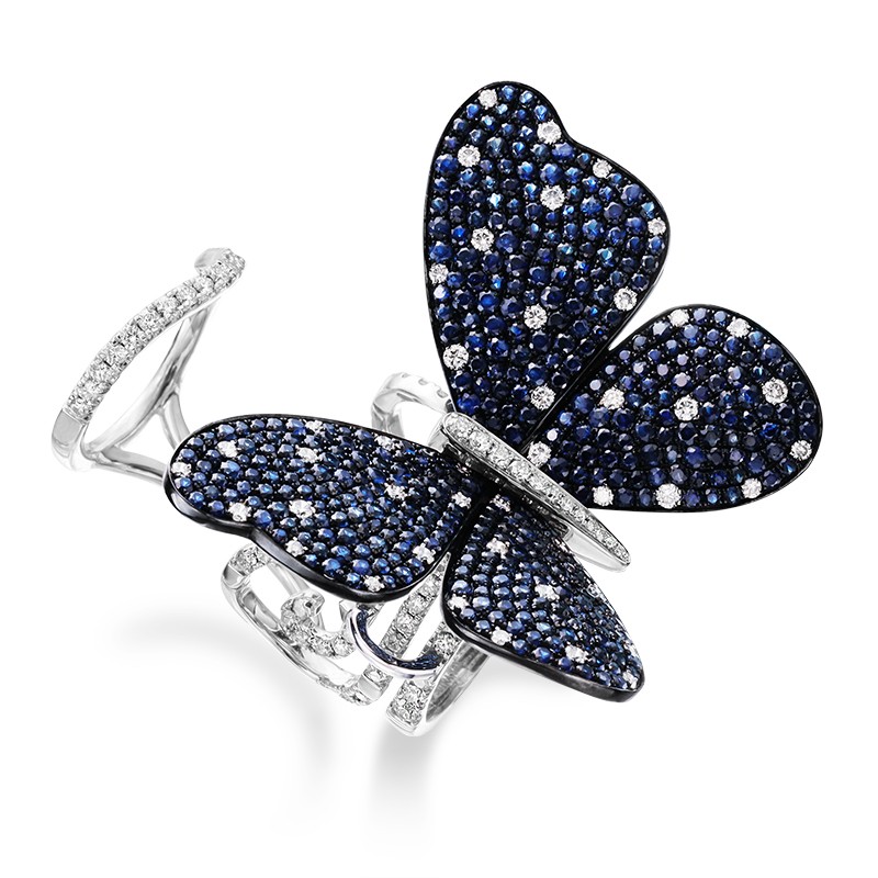 18k White Gold Sapphire Diamond Butterfly Ring