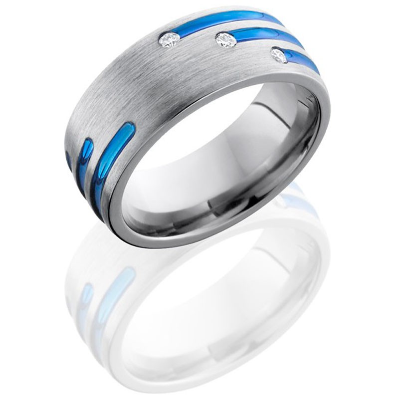 Titanium Domed Band with Blue Stripes and Round Diamonds