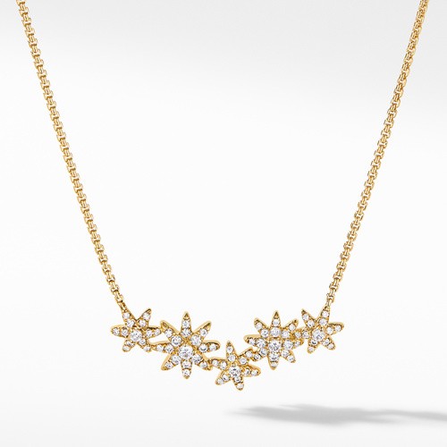 Starburst Cluster Station Necklace in 18K Yellow Gold with Pavé Diamonds