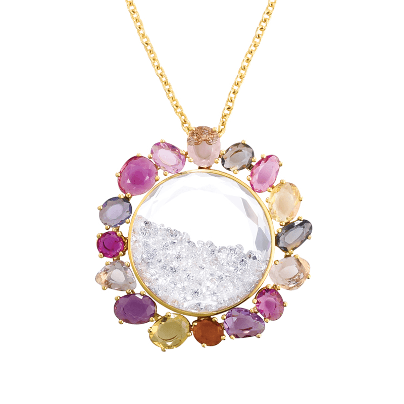 18k Yellow Gold Round Kaleidoscope Necklace with a Gemstone Frame