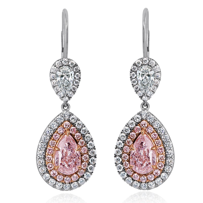 Platinum and 18k Rose Gold Pear Shape Pink Diamond Earrings