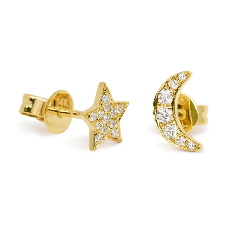 Yellow Gold Diamond Moon and Star Stud Earrings