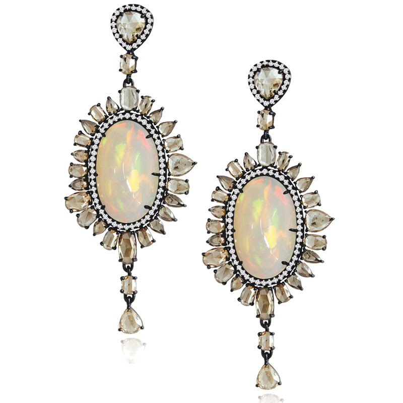 18k White Gold Large Opal Diamond Drop Earrings