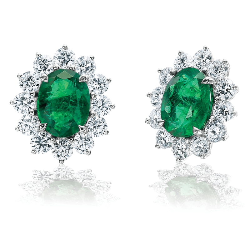 18k White Gold Diamond Framed Earrings with Oval Emeralds