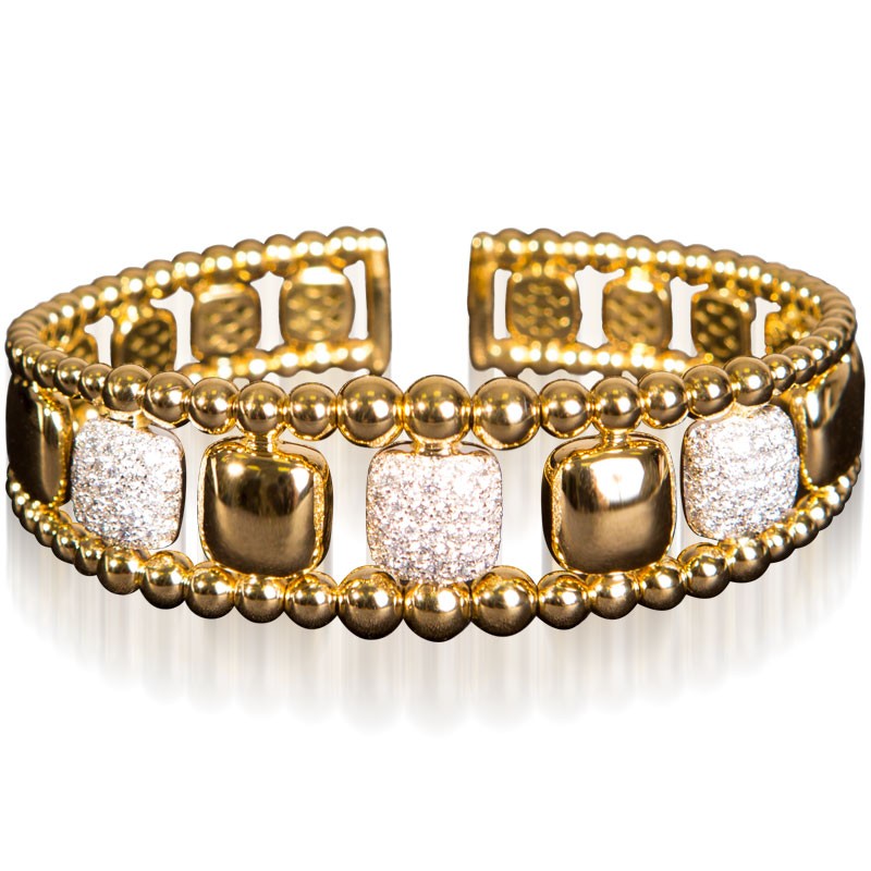 18k Yellow Gold Cuff with Bead Edge and Diamond Stations