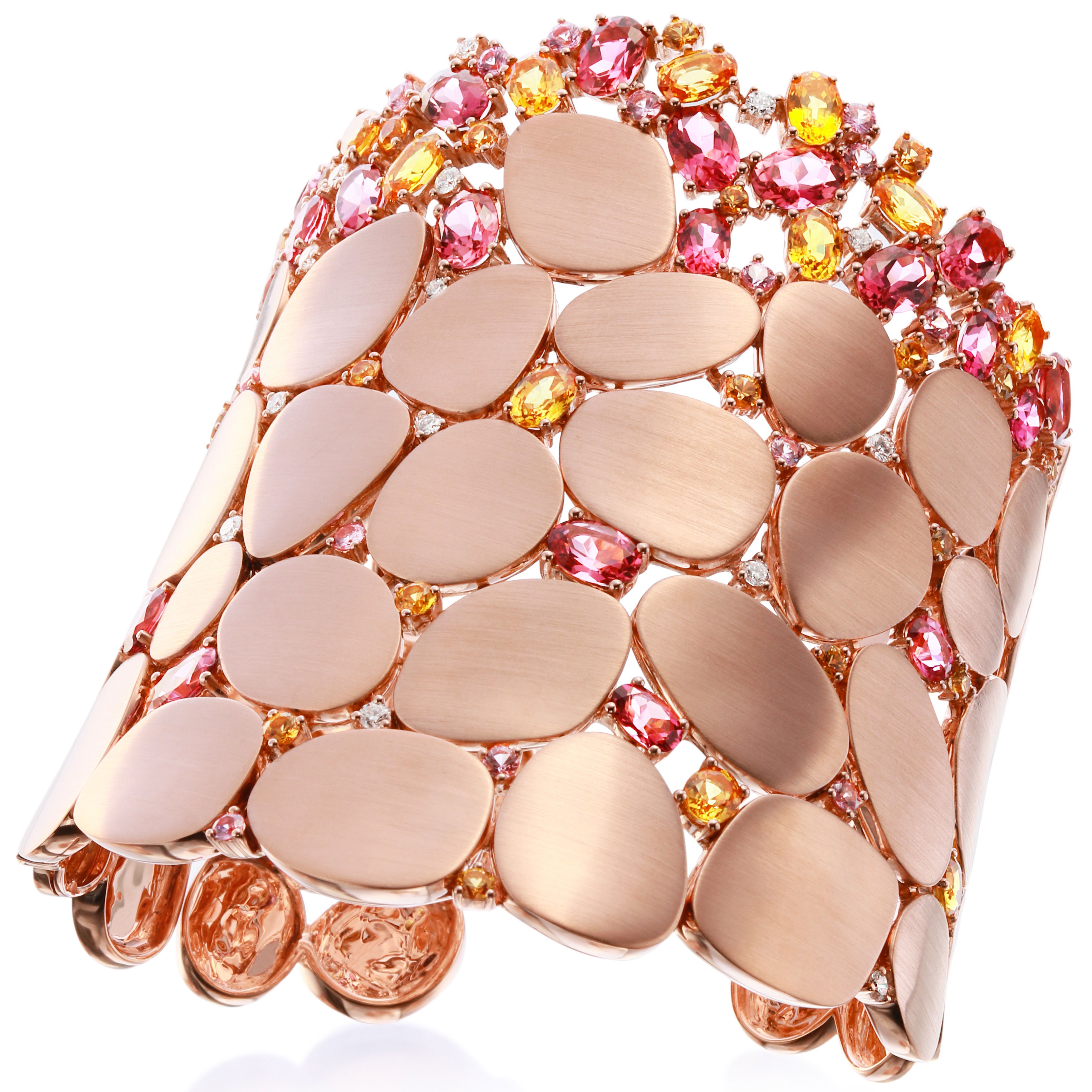 Wide 18k Rose Gold Scattered Diamond and Colored Stone Pebble Saddle Cuff