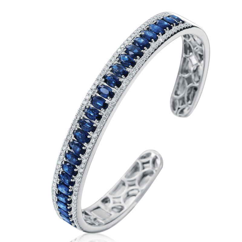 18k White Gold Bangle with Diamonds and Oval Blue Sapphires